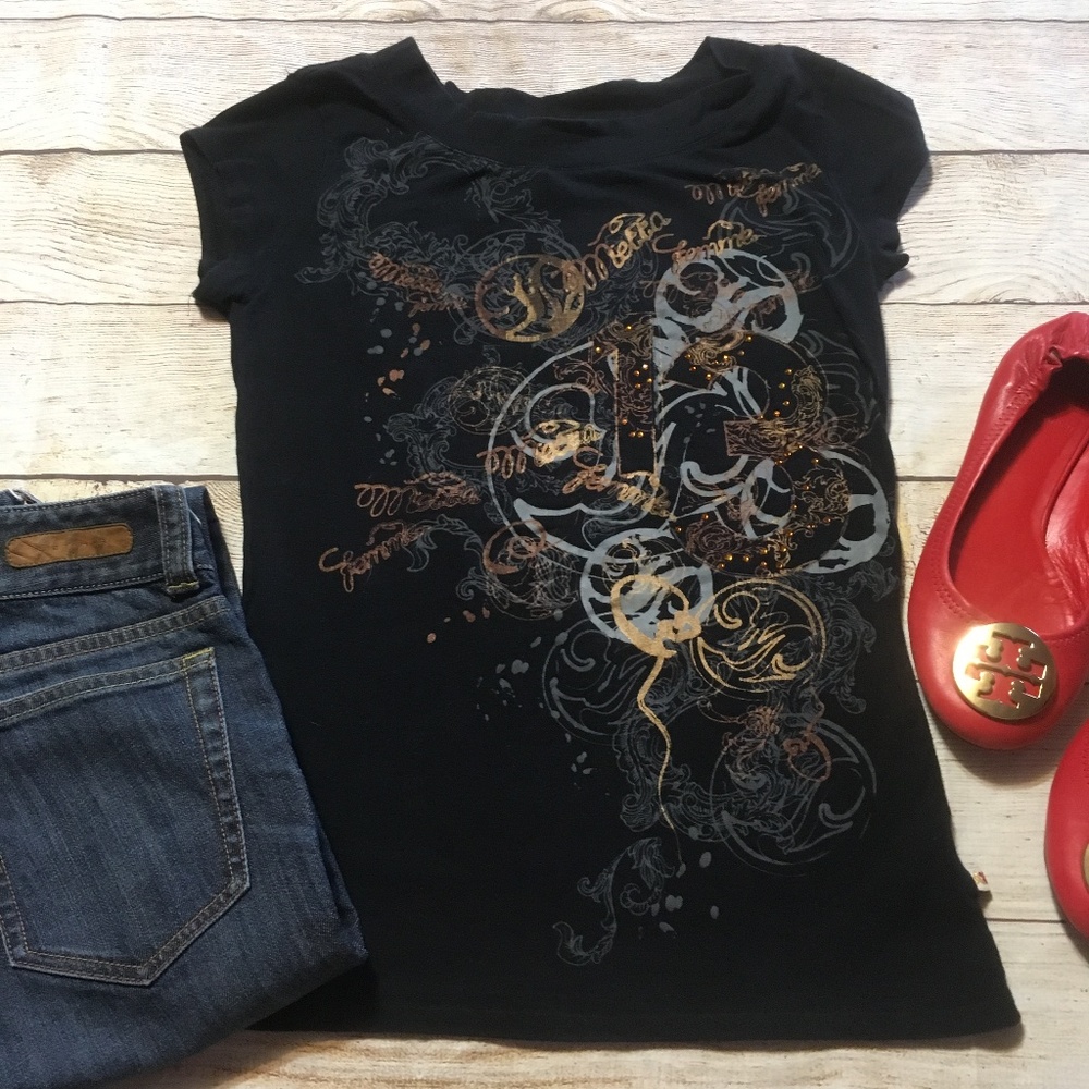 Mecca Femme Black Metallic Graphic Print tee Sz L
